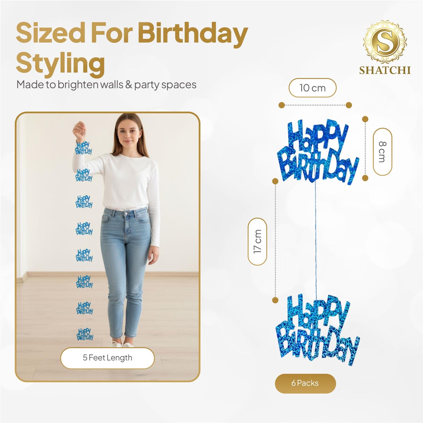 Shatchi Happy Birthday Blue Foil Hanging String Party Decorations Pack of 6