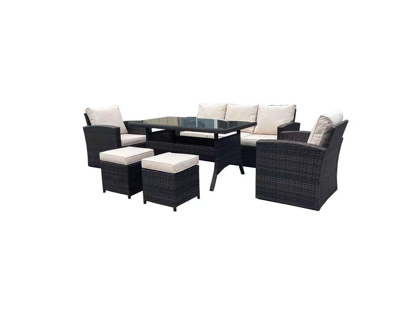 Dark Brown Rattan Sofa Set (1 Sofa, 1 Table, 2 Chairs, 2 Stools)