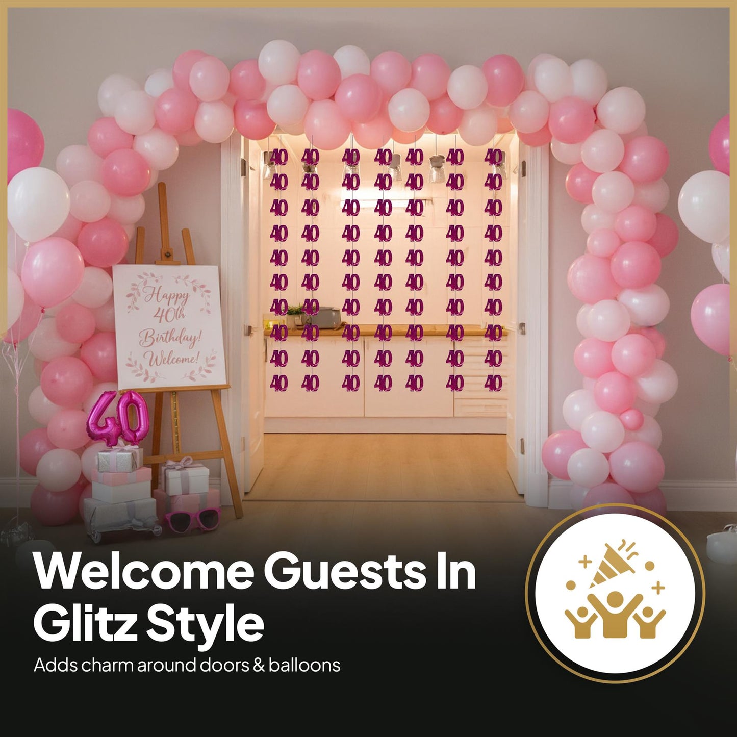 Shatchi 40th Glitz Pink Foil Hanging String Party Decorations Pack of 6