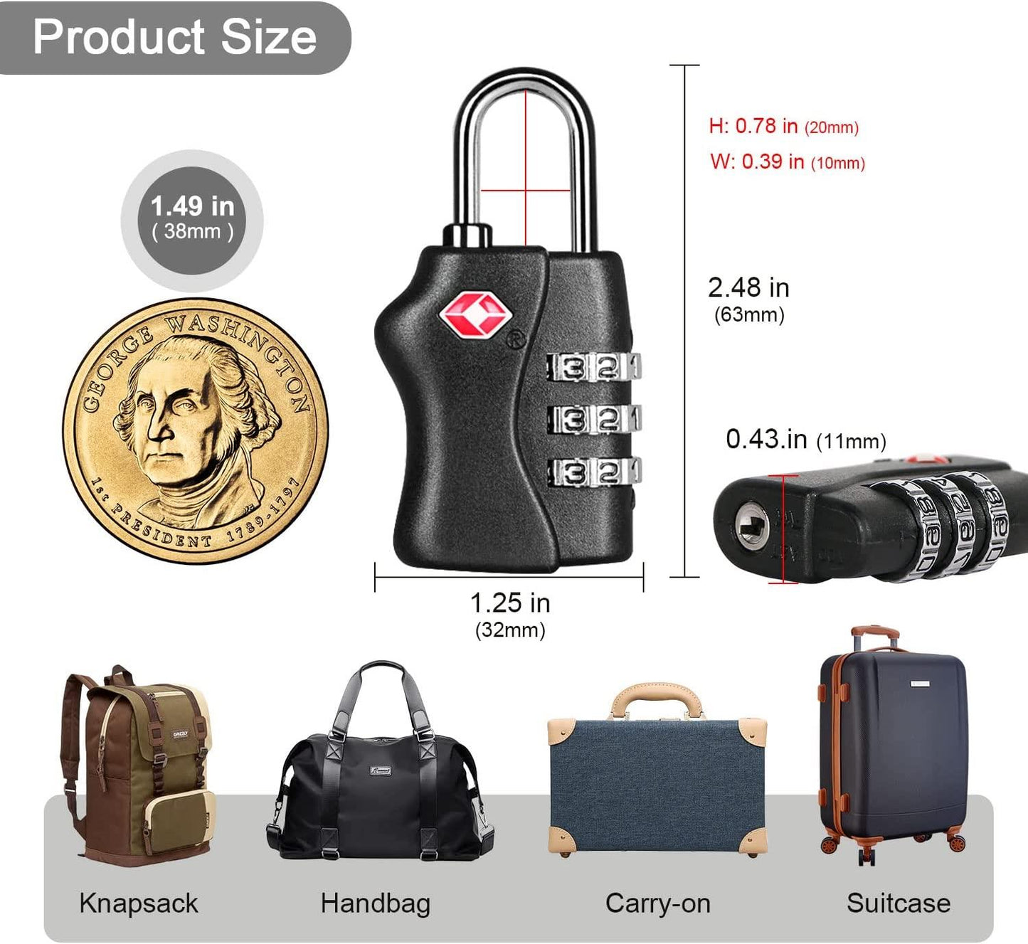 TSA Approved Black 3 Combination Travel Suitcase Luggage Padlock