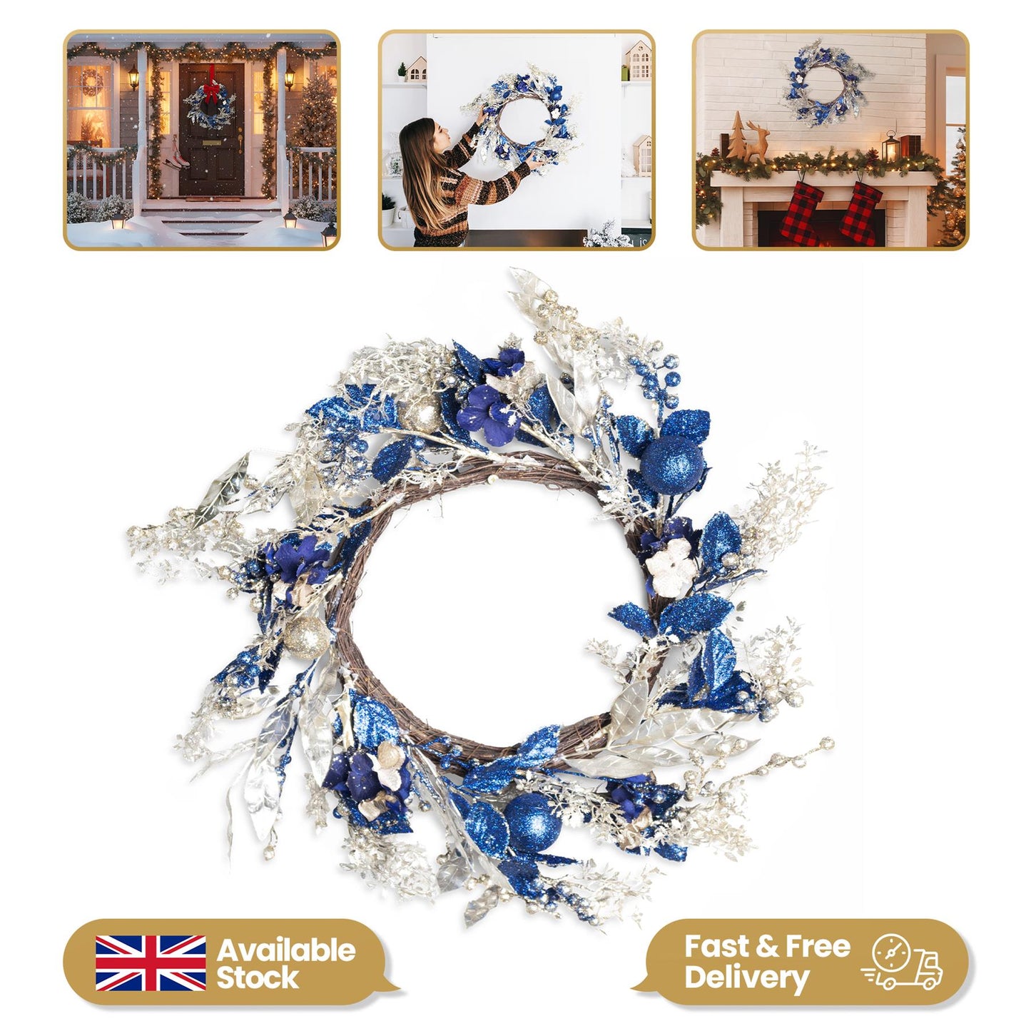 58cm Baubles Wreath Gold/Blue
