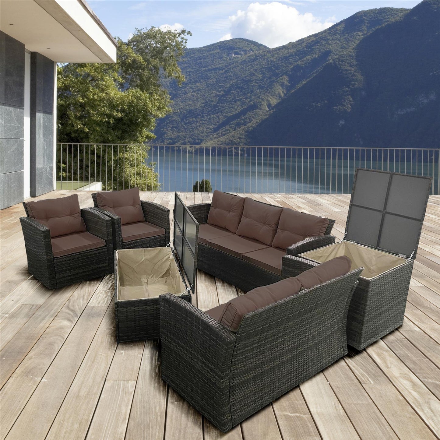 Brown Rattan 3 Seater Sofa, 2 Seater Sofa, 2 Chair, 1 Storage Box, 1 Table