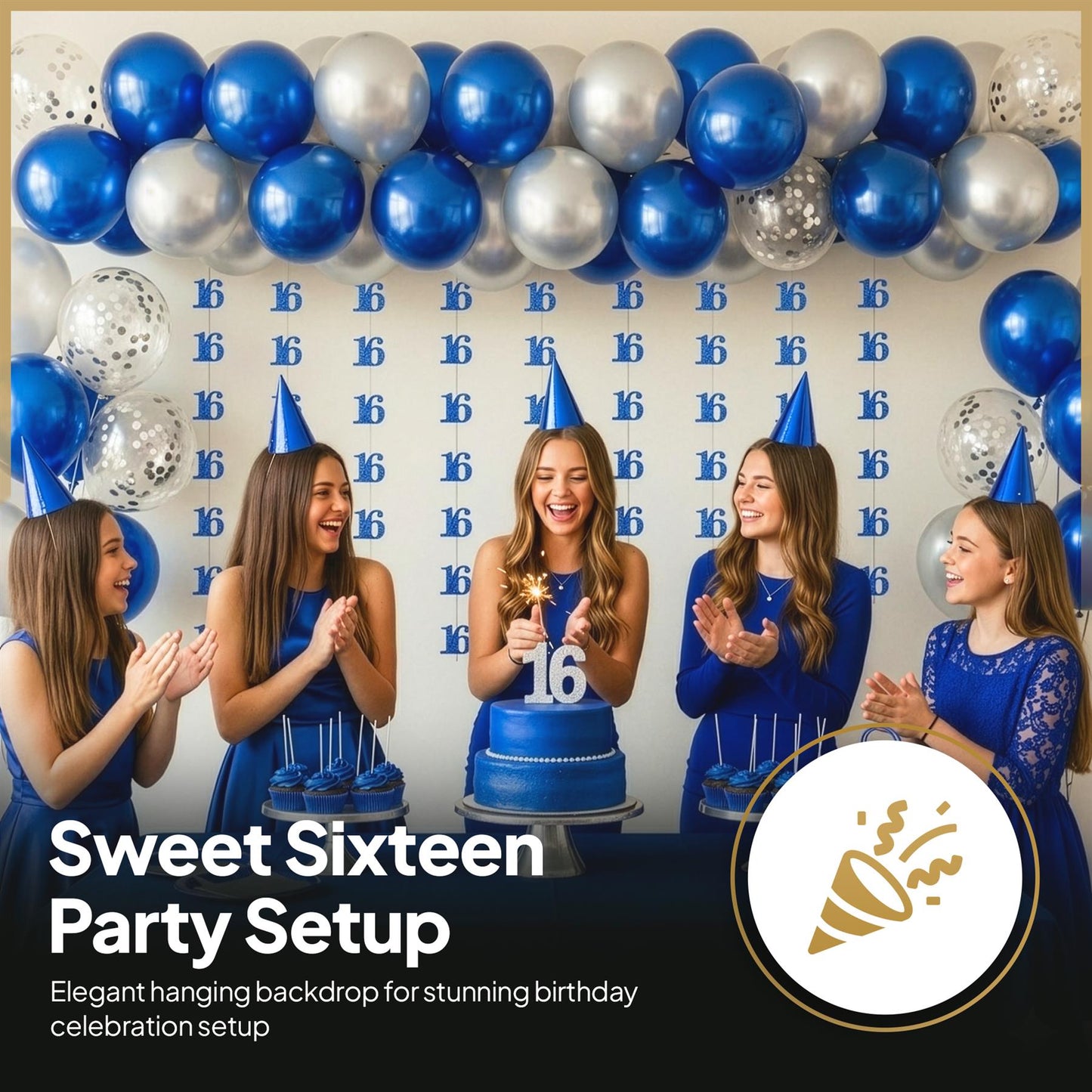 Shatchi 16th Glitz Blue Foil Hanging String Party Decorations Pack of 6