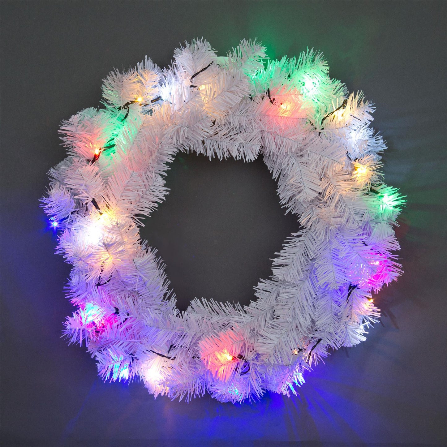 55cm Pre-Lit White Wreath with Multicolor LEDs