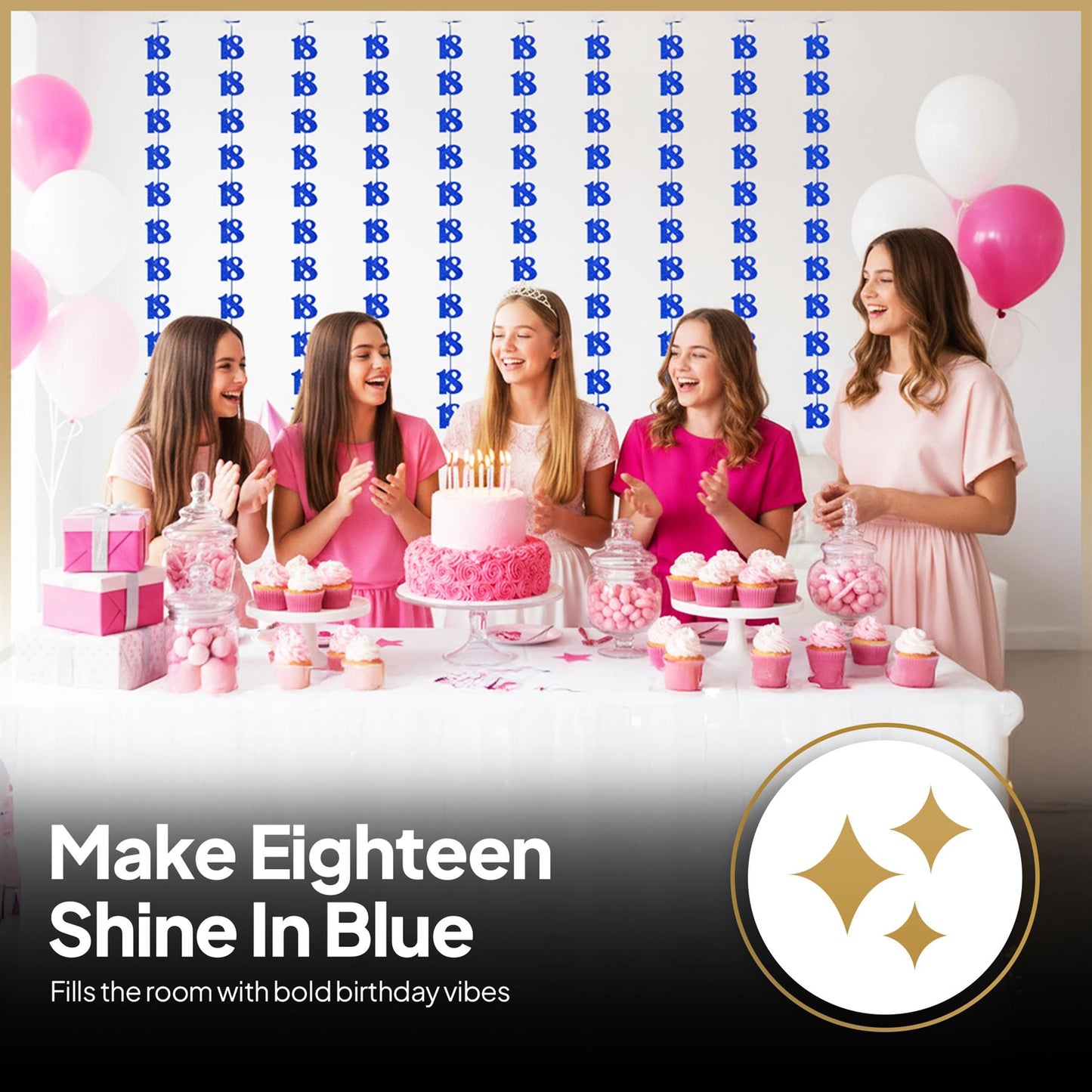 Shatchi 18th Glitz Blue Foil Hanging String Party Decorations Pack of 6