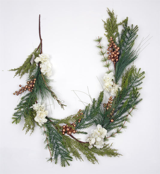 Natural Looking Garland Decorated With Golden Berries, White Flowers & Leaves