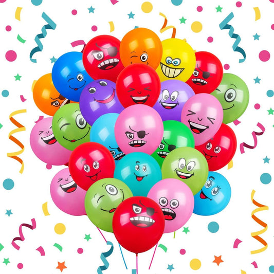 100 Pcs Emoji Balloons Assorted Latex 12" - with 100 Sticks