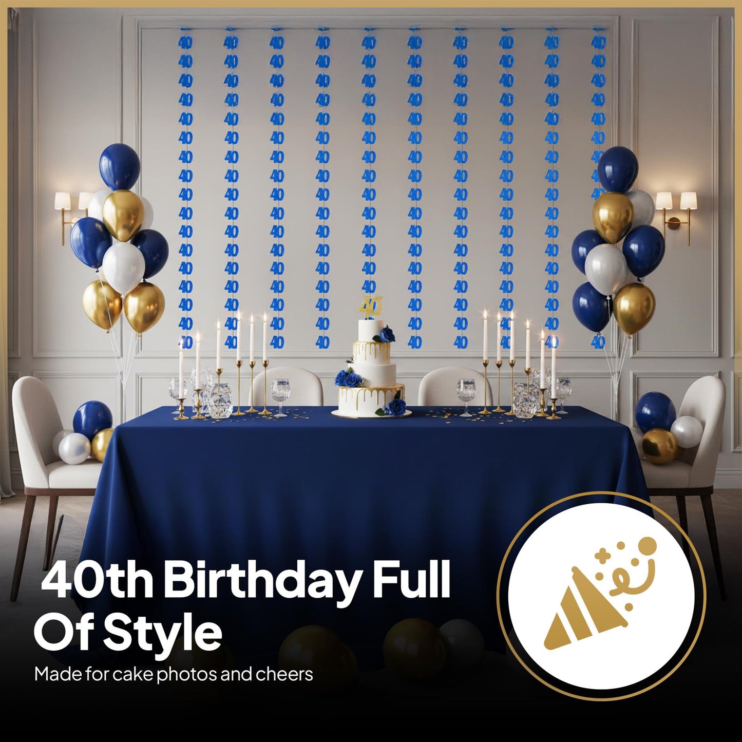 Shatchi 40th Glitz Blue Foil Hanging String Party Decorations Pack of 6