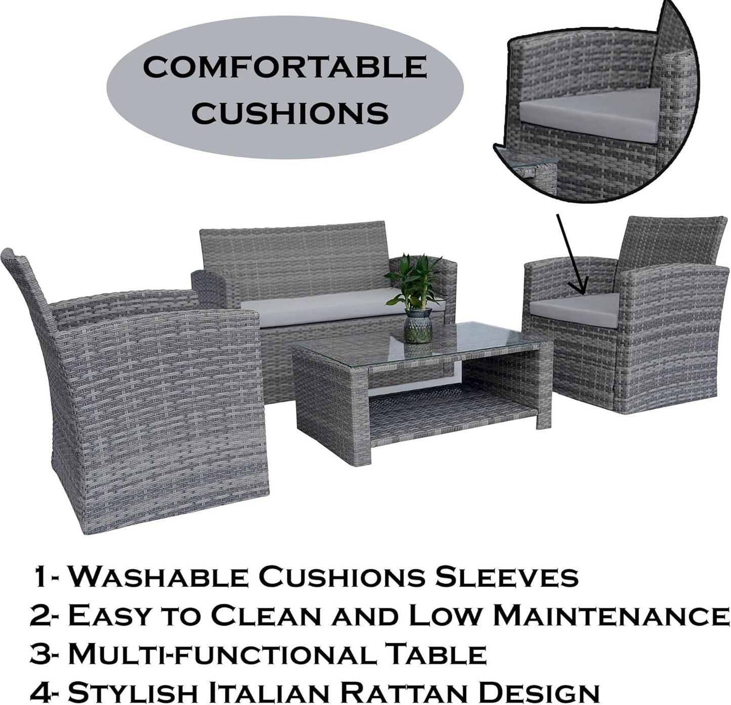 Rattan Garden Furniture Sofa Set Armchair Sofa Glass Table Outdoor Patio 4Pcs
