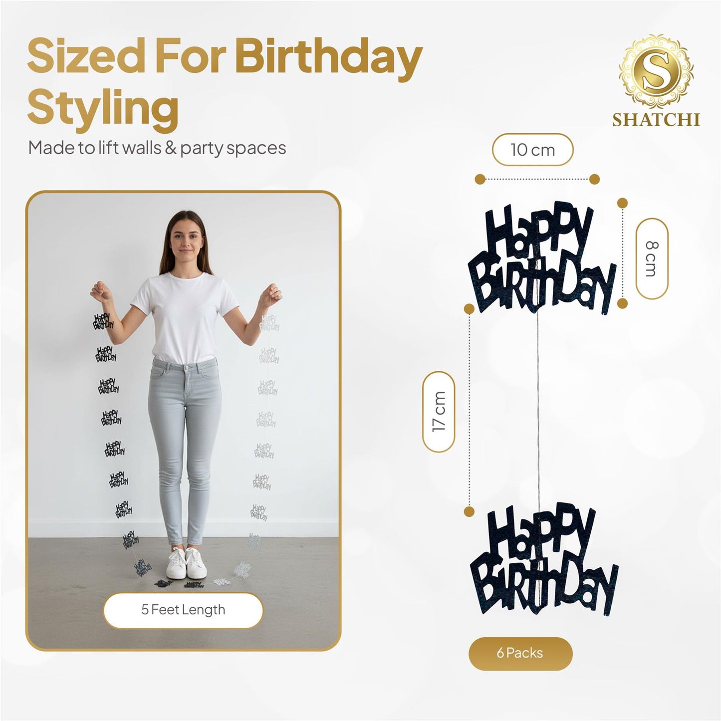 Shatchi Happy Birthday Black & Silver Hanging String Decorations Pack of 6