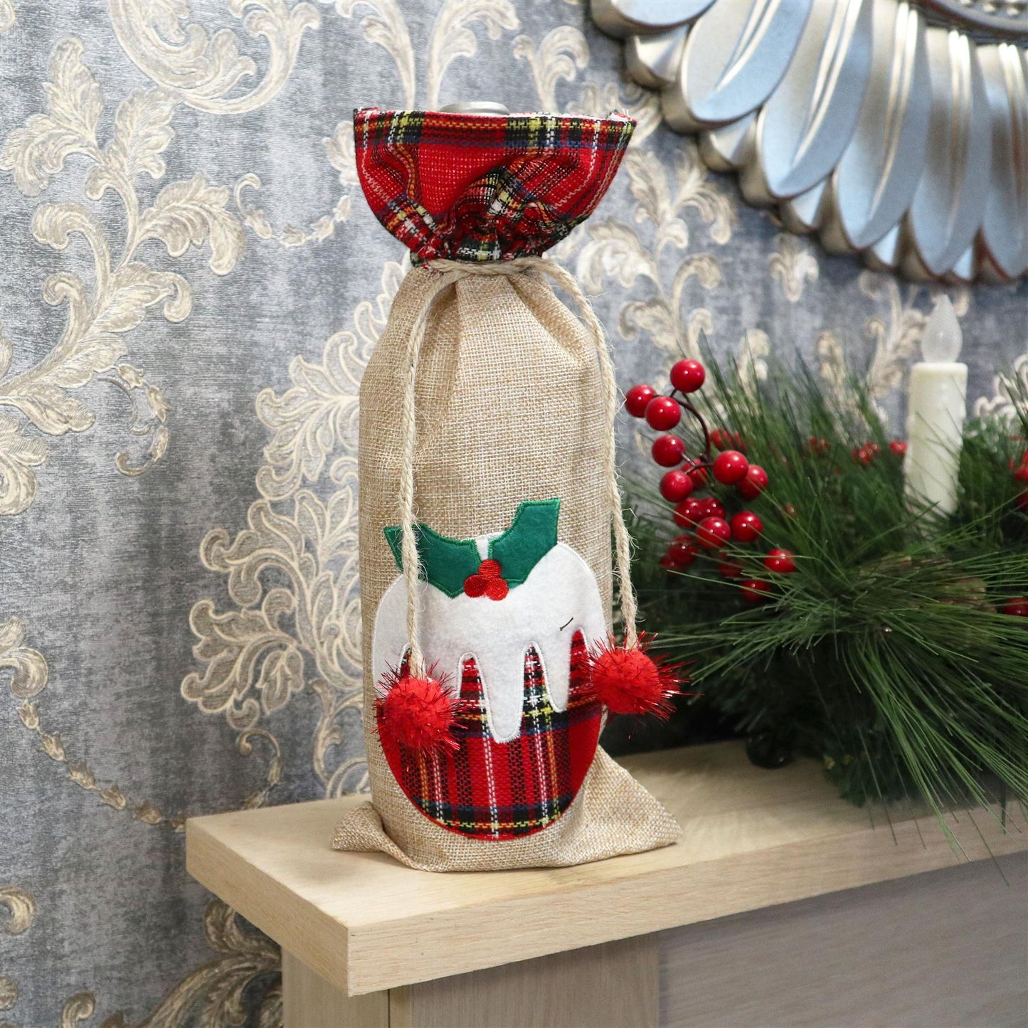 Christmas Wine Bottle Cover, Christmas Pudding 15x35cm