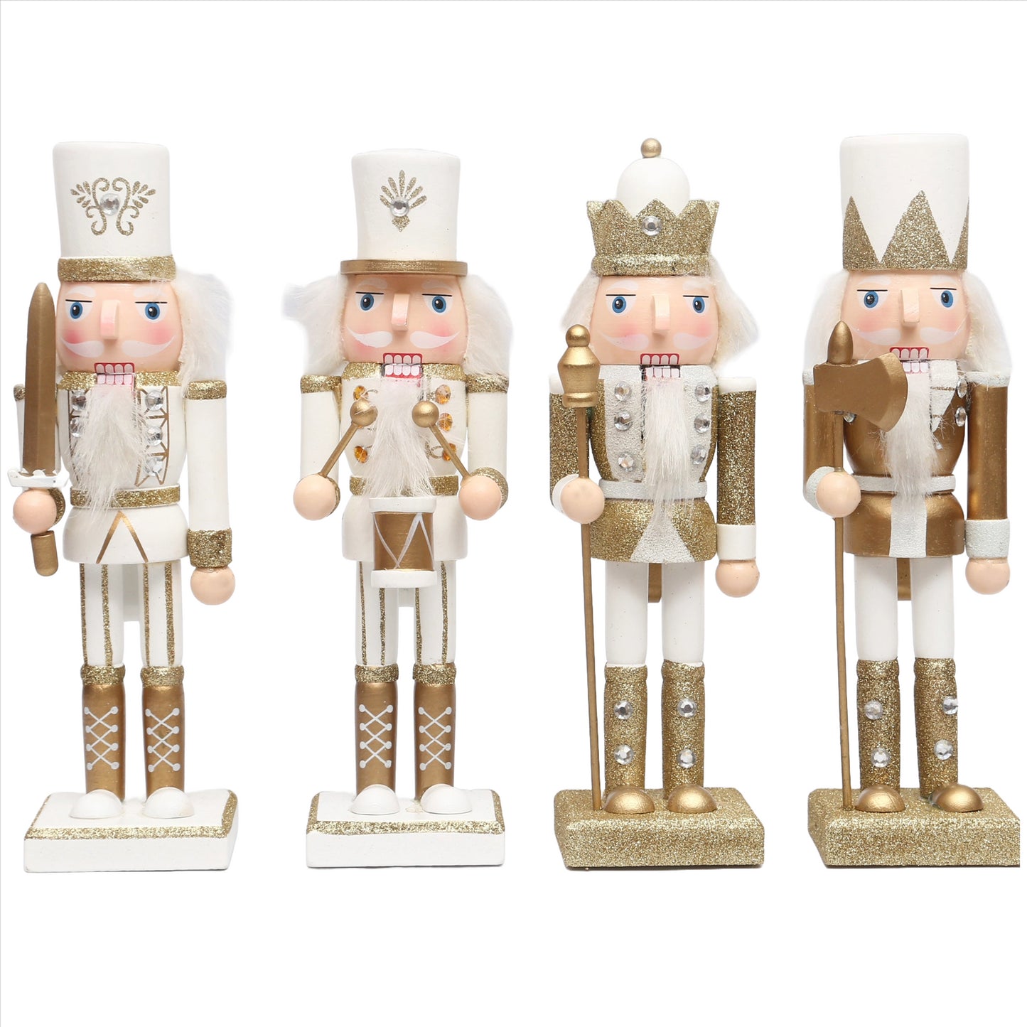 25cm Gold & White Wooden Nutcrackers - 4 Pcs Set