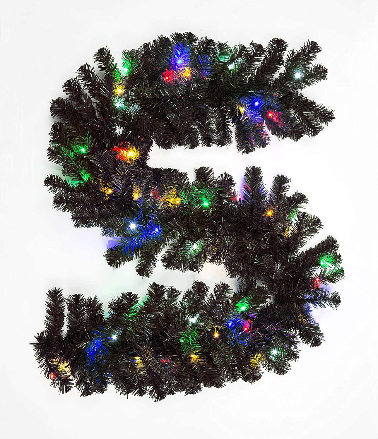 Pre-Lit Alaskan Pine Black Garland with Multicolor LEDs - 200cm