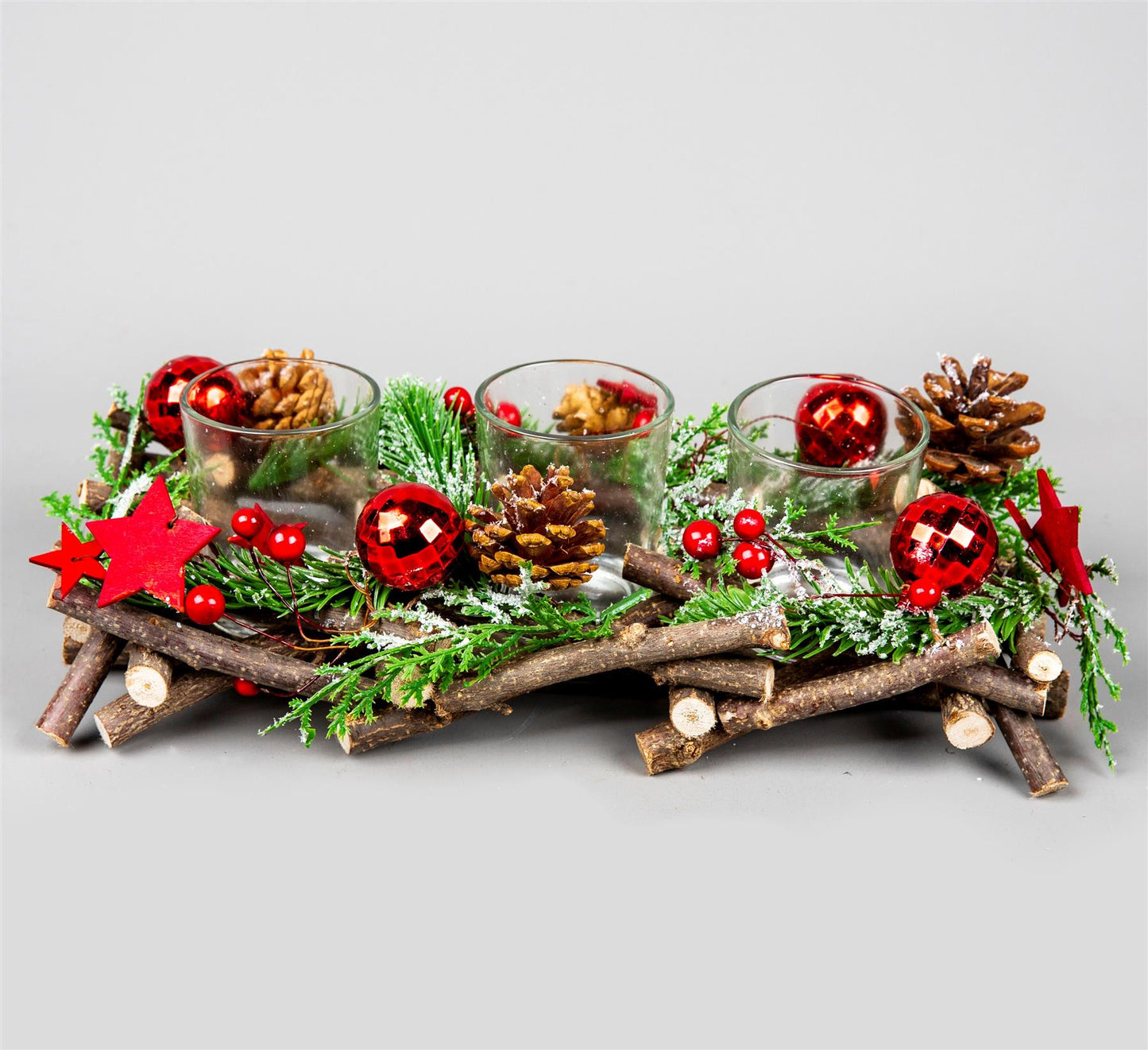 28cm Twig Triple Candle Holder - Red