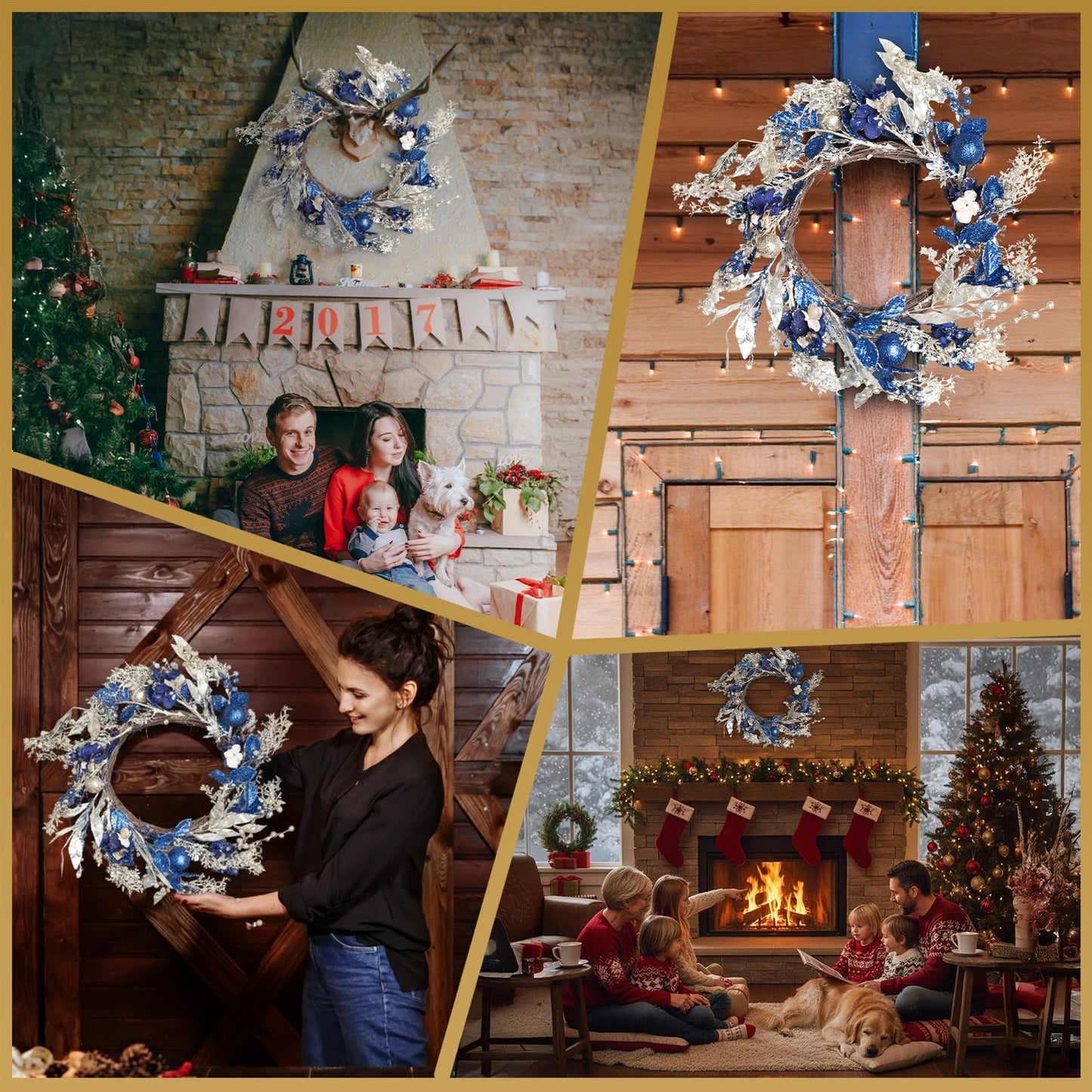 58cm Baubles Wreath Gold/Blue