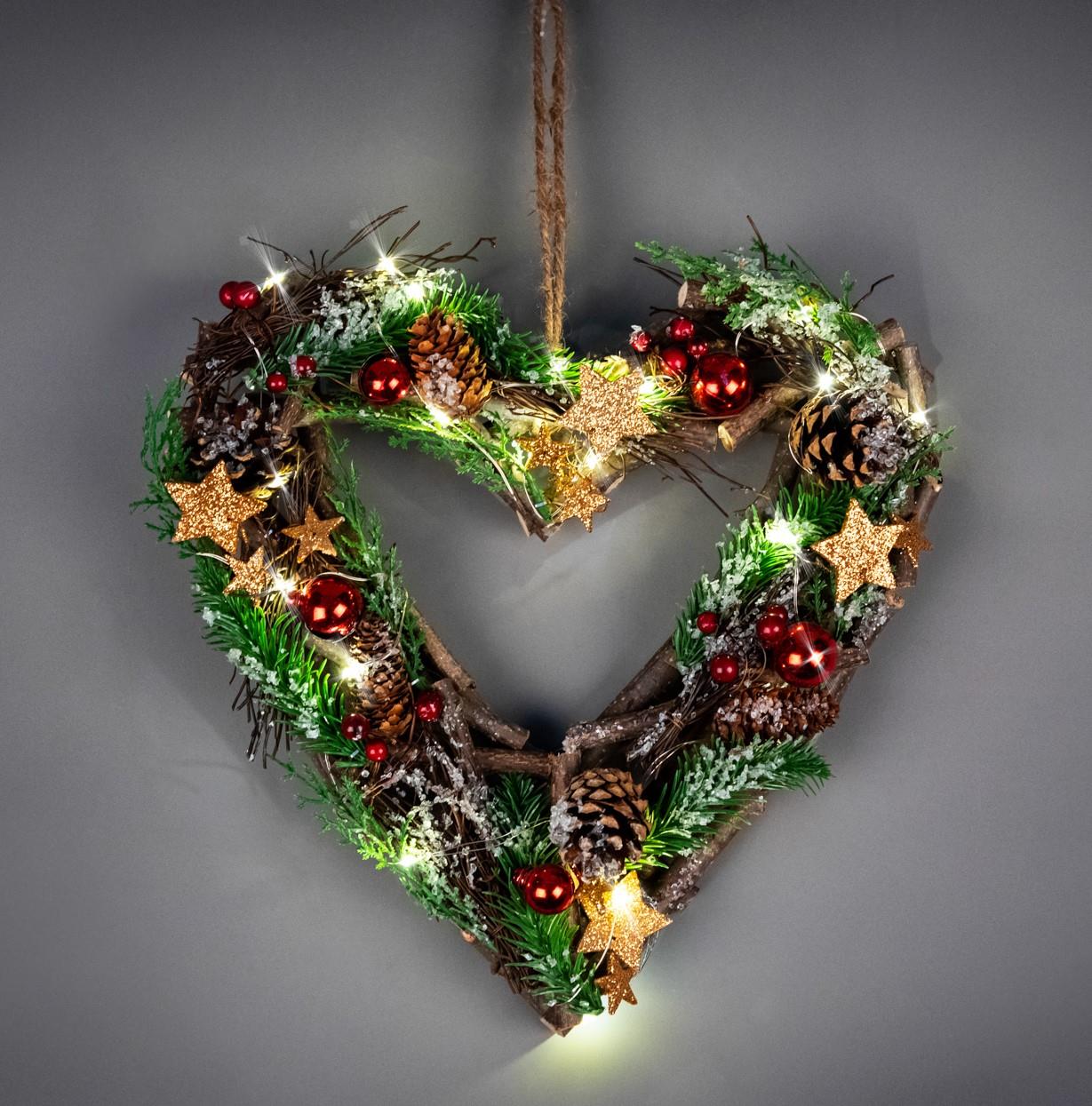 30cm LED Twig Hanging Heart, Red/Brown