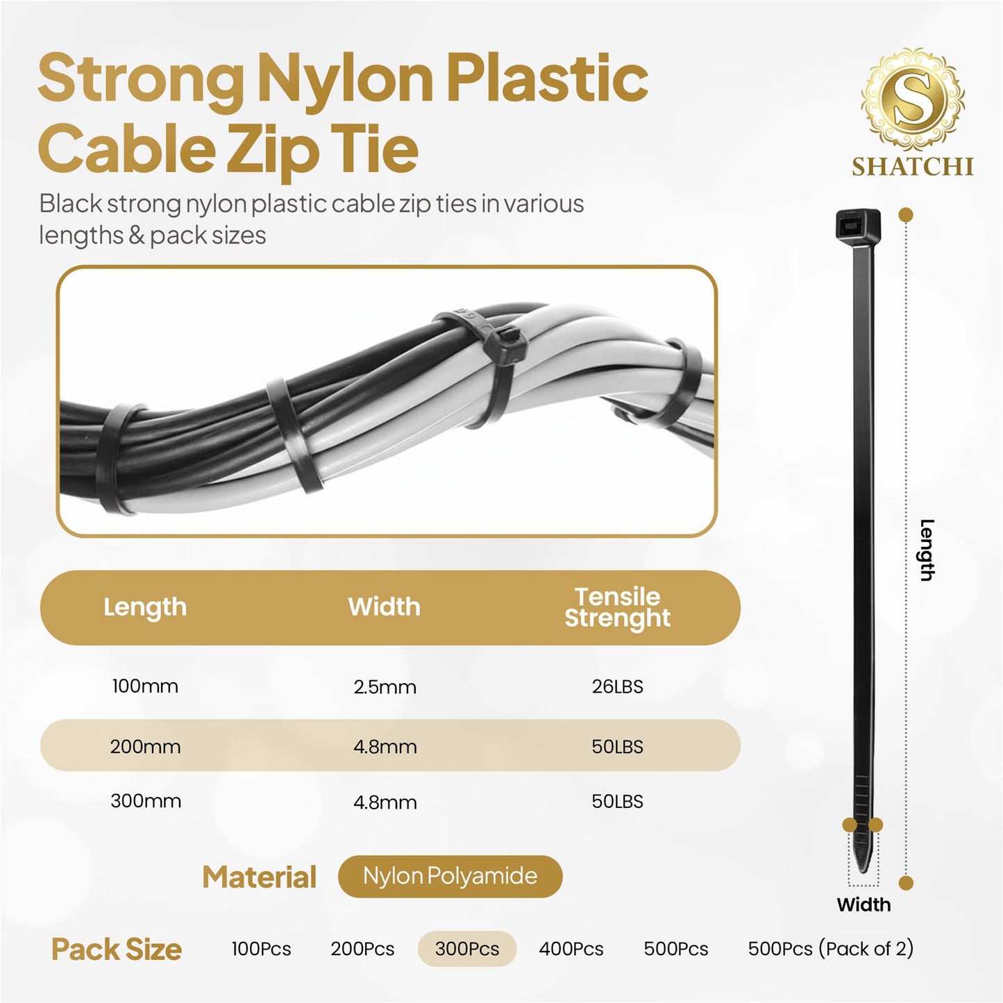 300 Strong Black Nylon Plastic Cable Ties - 200mm x 4.8mm