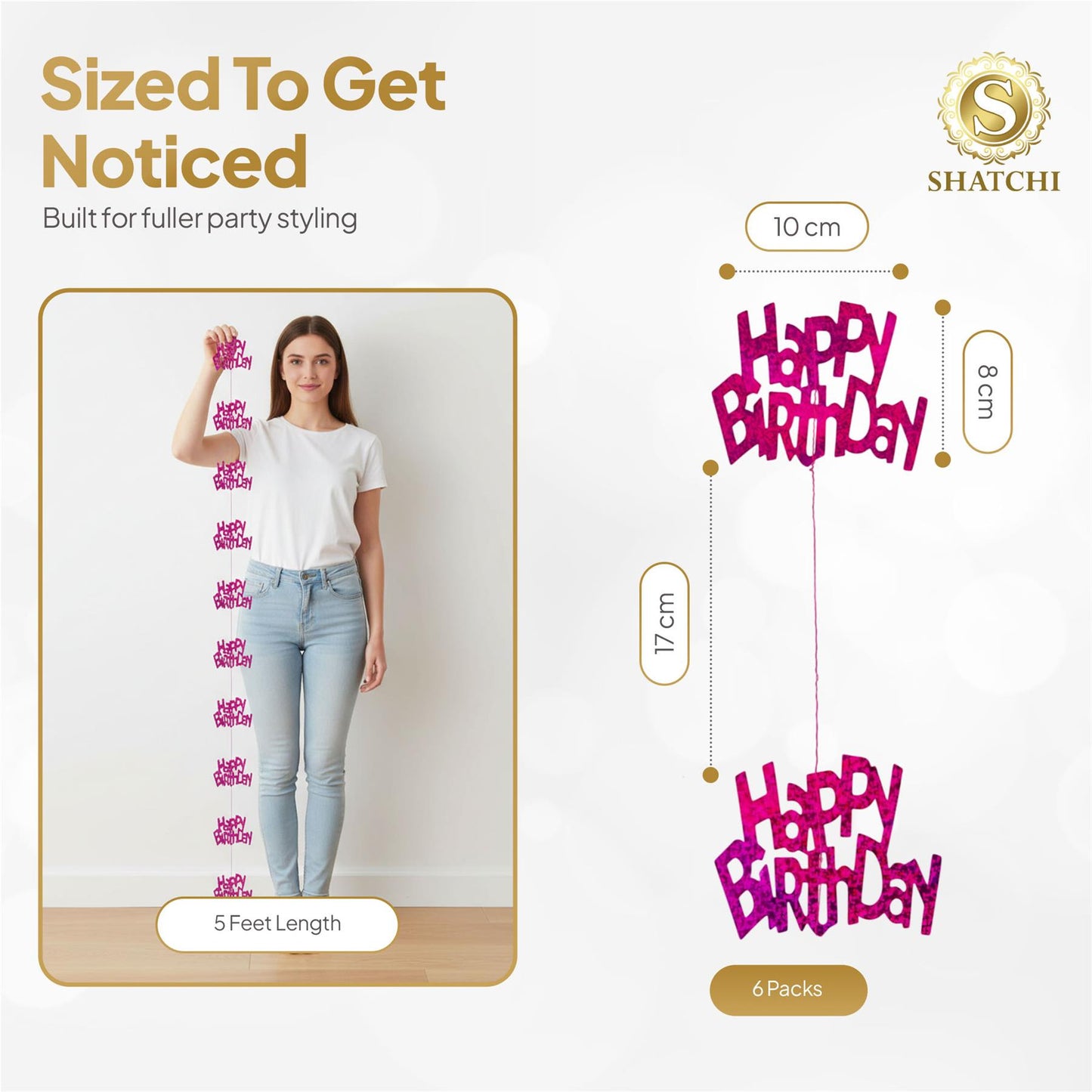 Shatchi Happy Birthday Pink Foil Hanging String Party Decorations Pack of 6