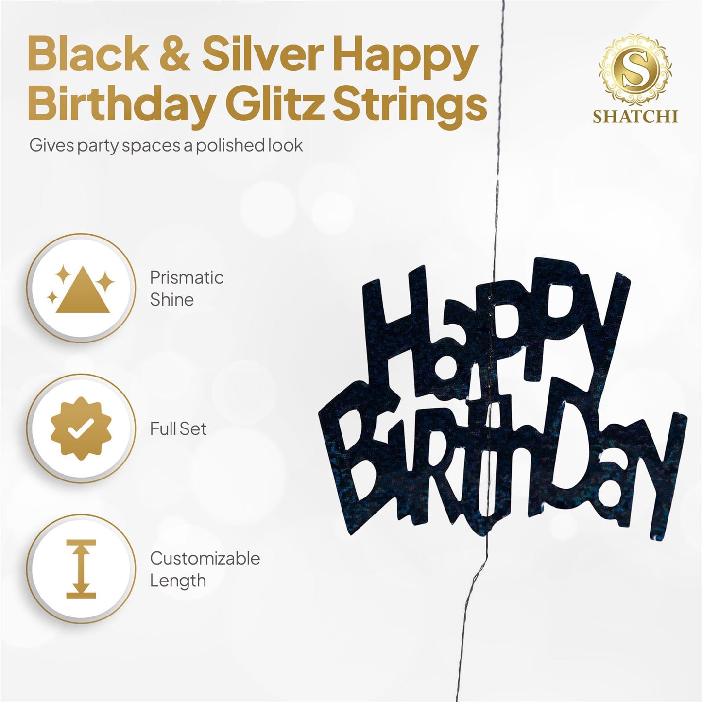Shatchi Happy Birthday Black & Silver Hanging String Decorations Pack of 6
