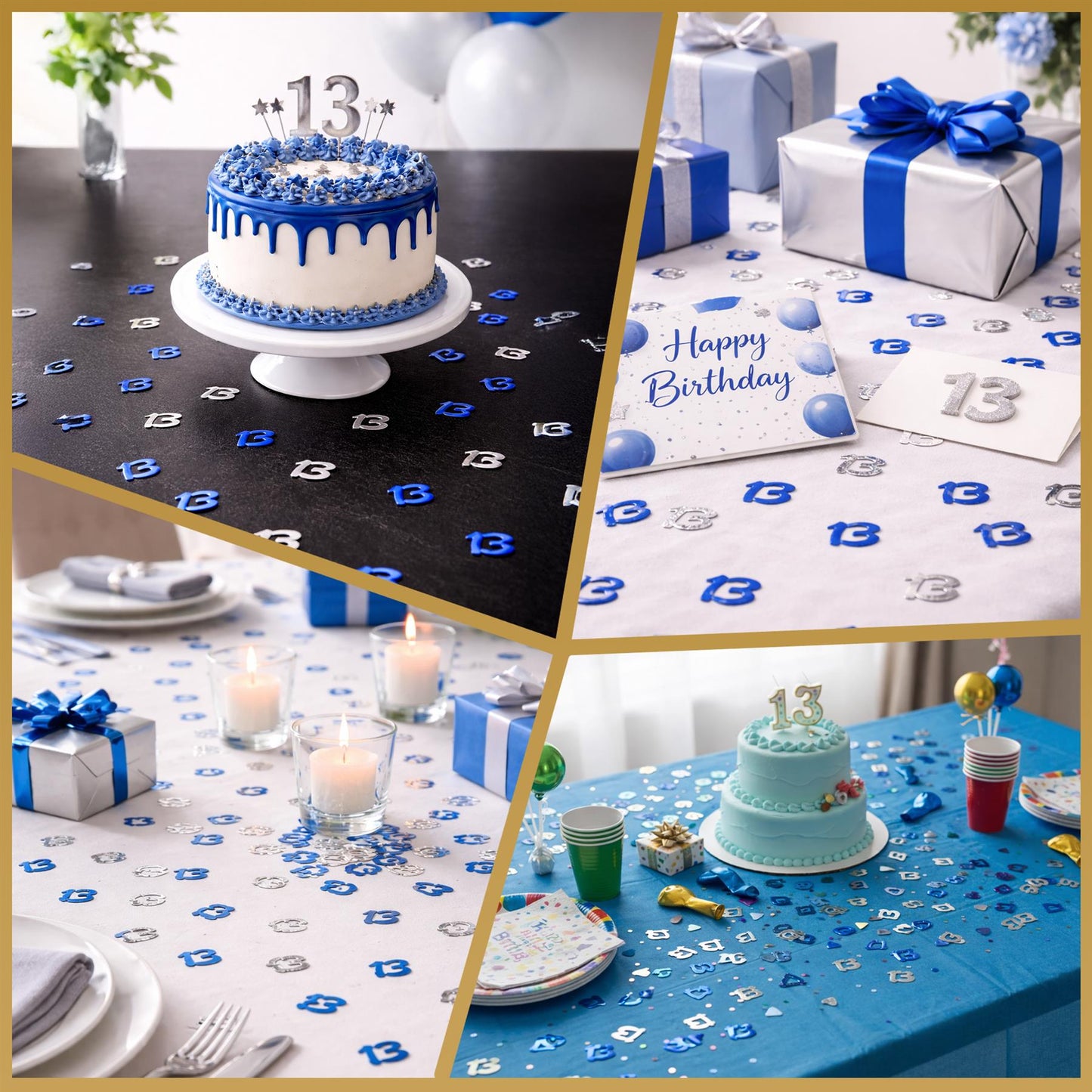 4-Pack 13th Birthday Blue and Silver Confetti