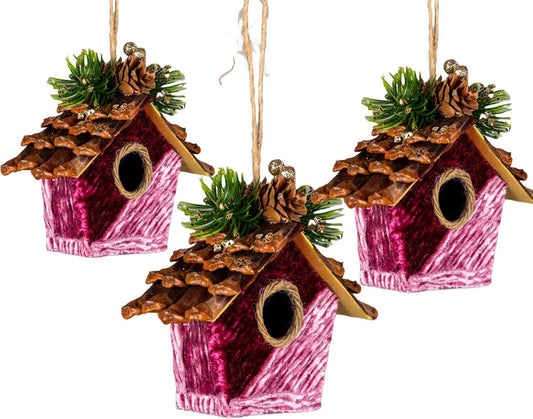 3 pcs Pink Birdhouse Christmas Decorations (10x11cm)