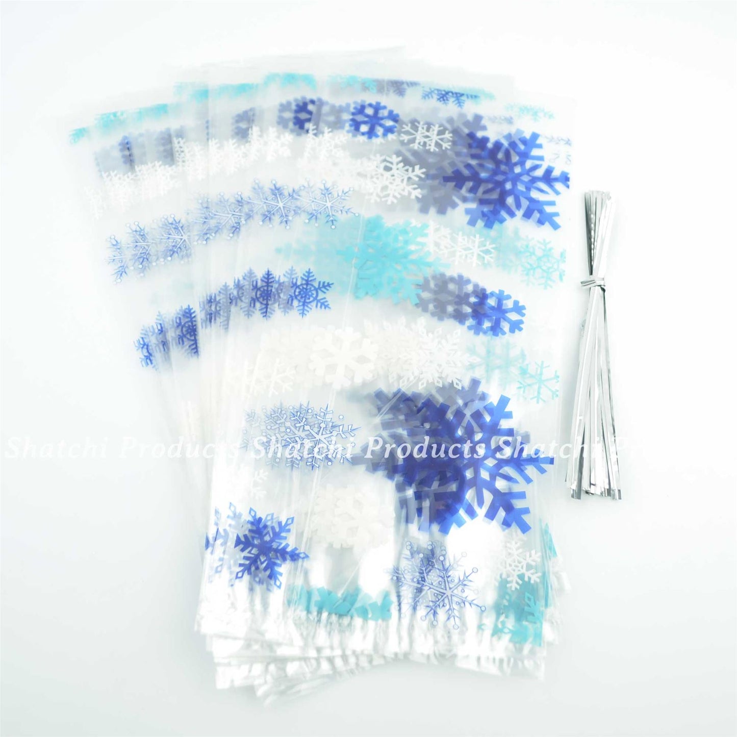 20 Christmas Snowflake Cellophane Bags with Ties