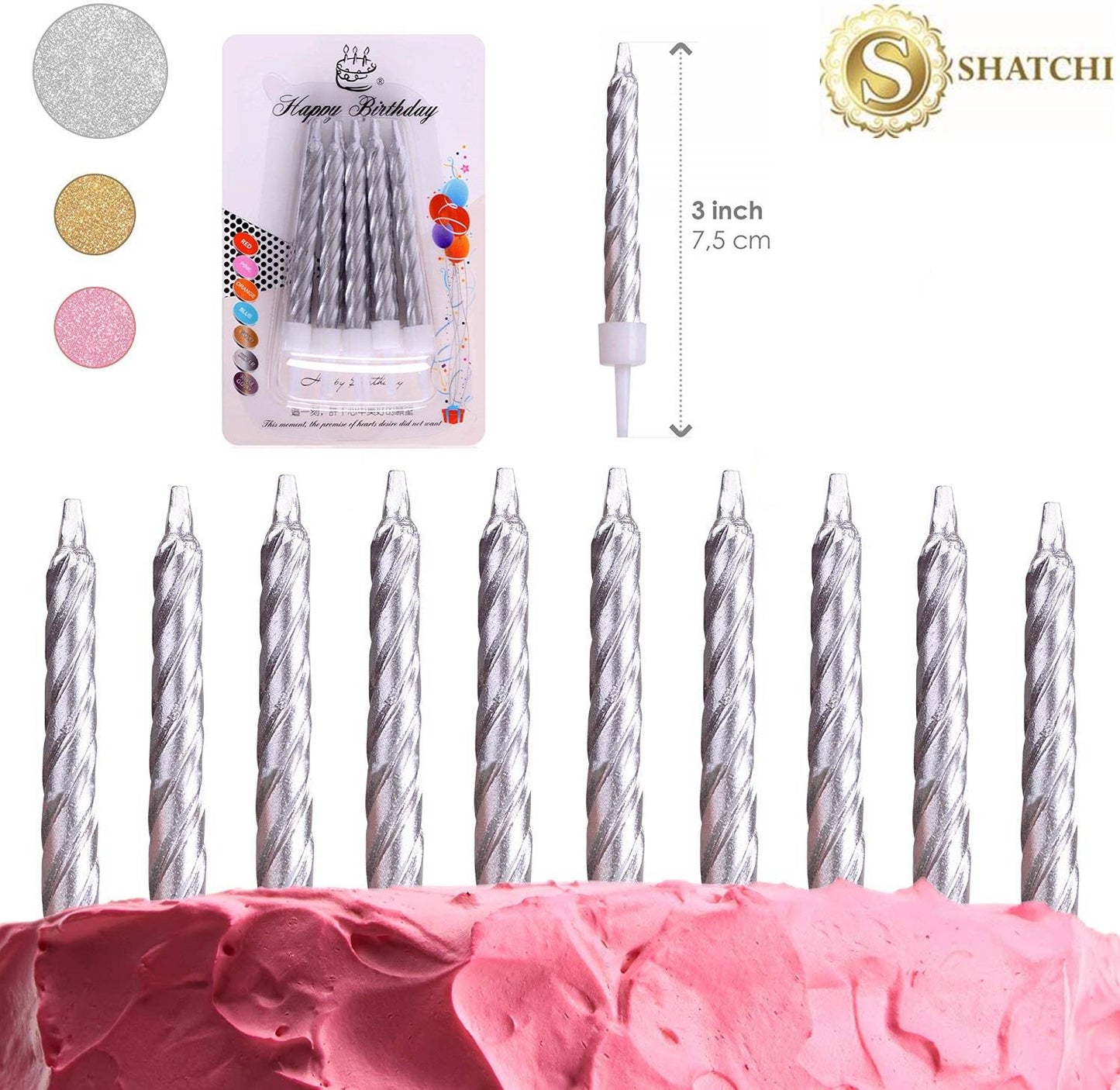 10Pcs Silver Candles - Birthday Cake Topper