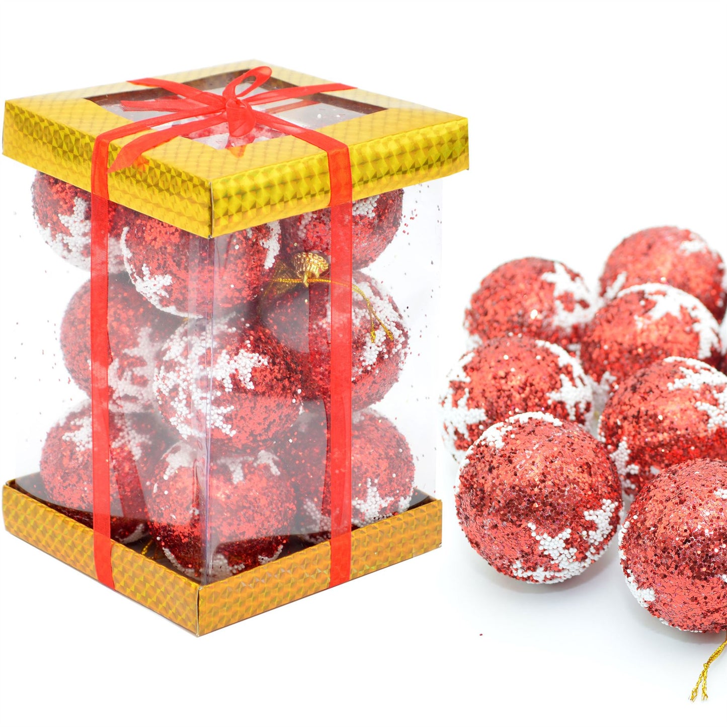 12 Red Glitter Baubles - 5.5cm