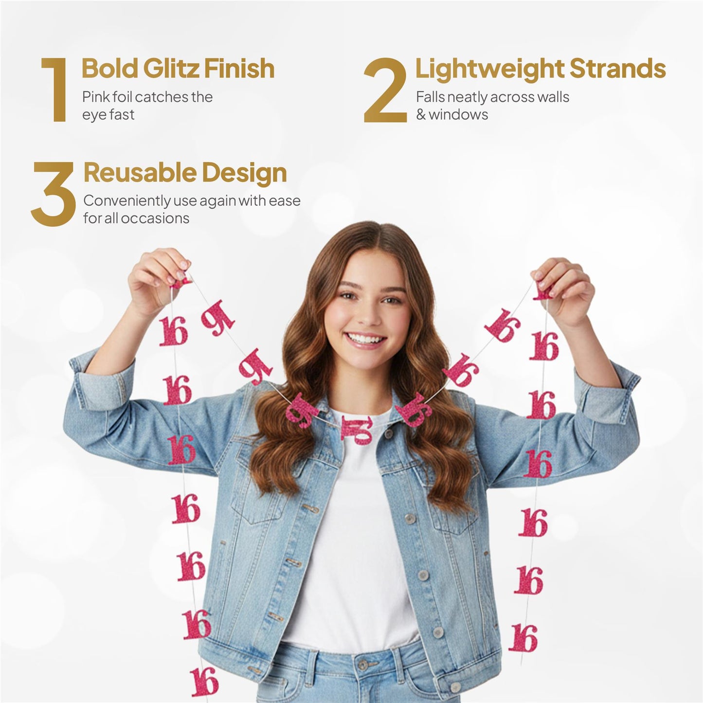Shatchi 16th Glitz Pink Foil Hanging String Party Decorations Pack of 6