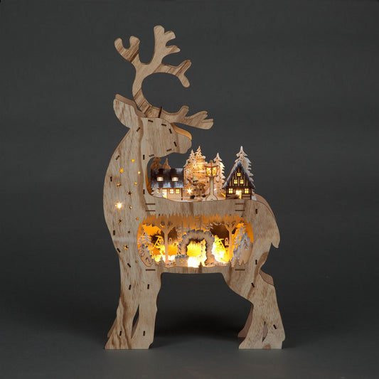 Laser Cut Reindeer LED Wooden Decoration - Battery Operated