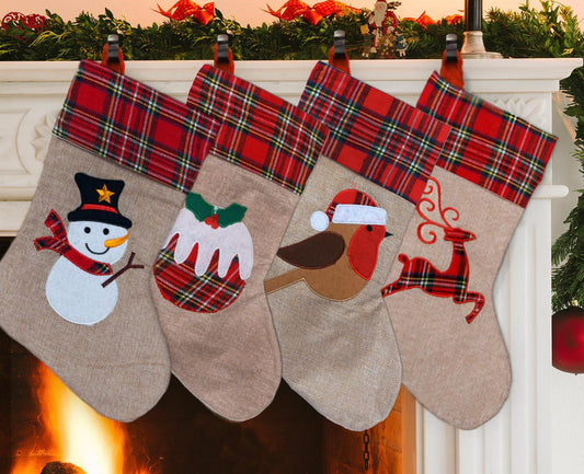 Large Xmas Stocking Printed Pattern Burlap Hessian Linen Sack Sock Hanging Bags Home Decorations-Reindeer/Snowman/Robin/Ch