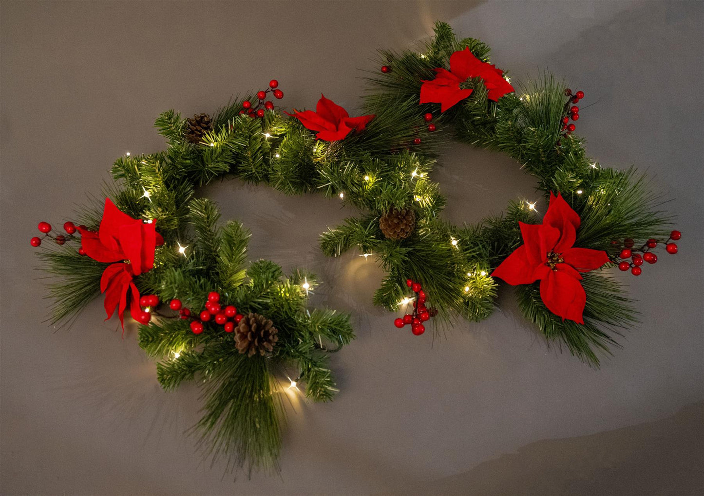 2m Pre-Lit Red Poinsettia Garland with 50 Warm White LEDs