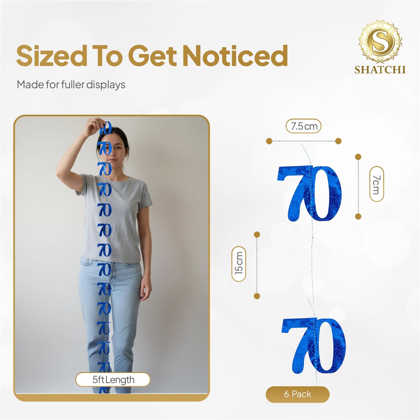 Shatchi 70th Glitz Blue Foil Hanging String Party Decorations Pack of 6