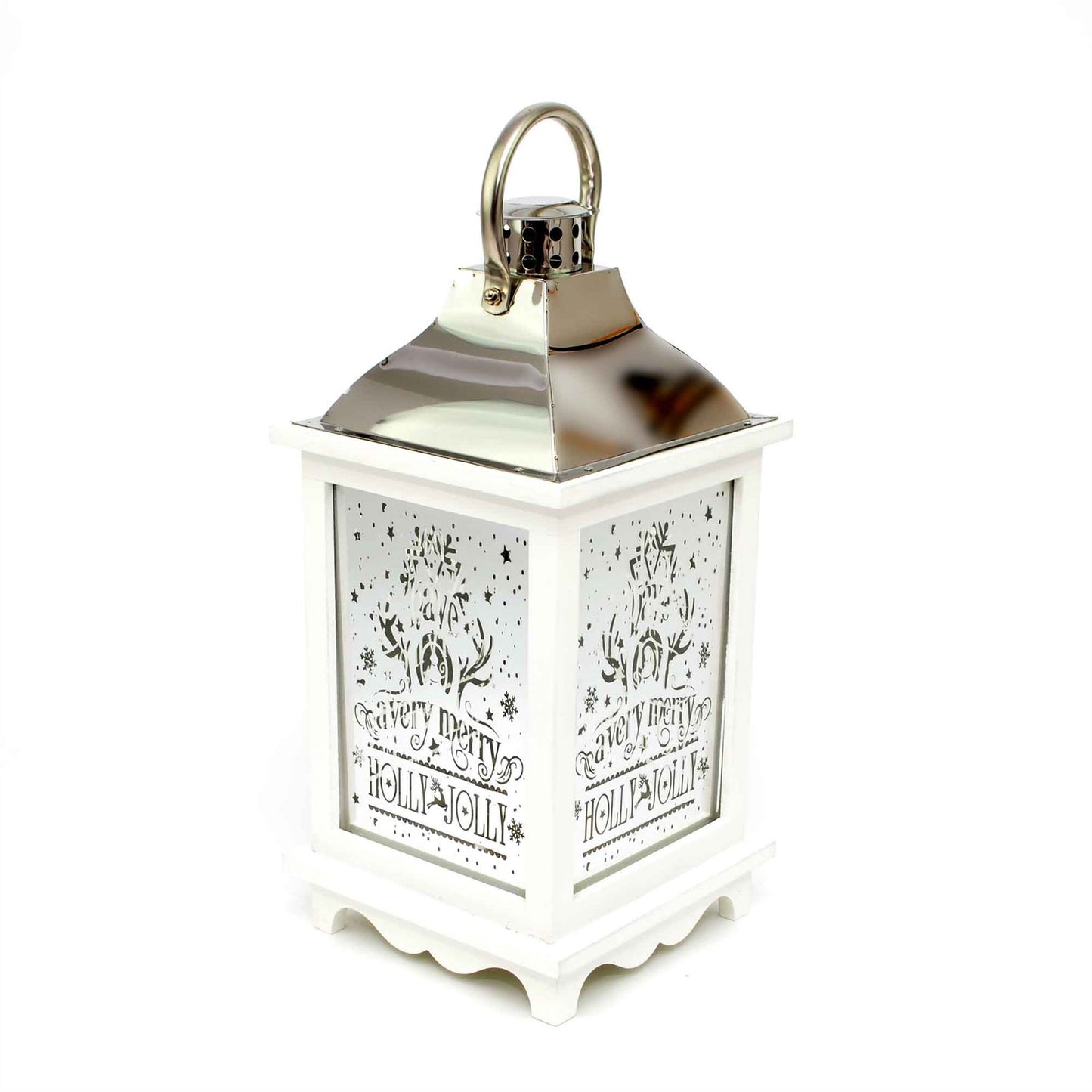 Christmas Lantern Wooden White Stainless Steel - Warm White LED