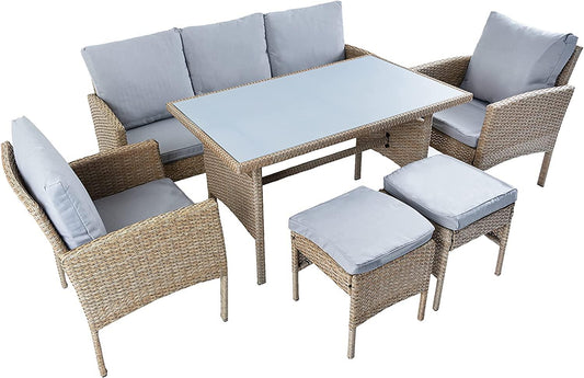 6-Piece Rattan Furniture Dining Set - Light Brown, Seats 7, Includes Cushions