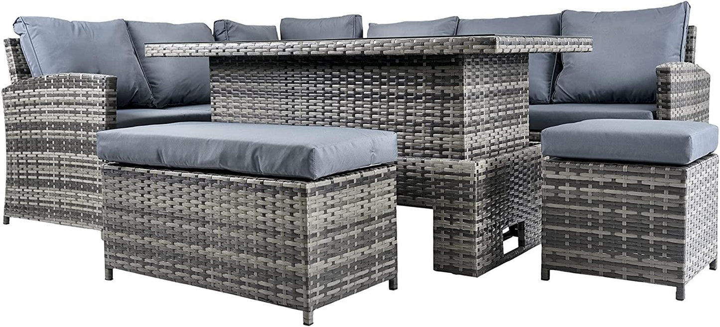 Grey Rattan 7-Seater Sofa Set with Stools and Table