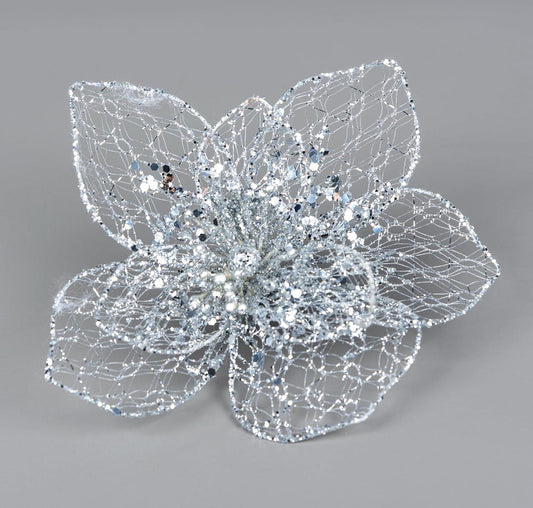 Silver Poinsettia Flowers (20cm, 6 pcs)