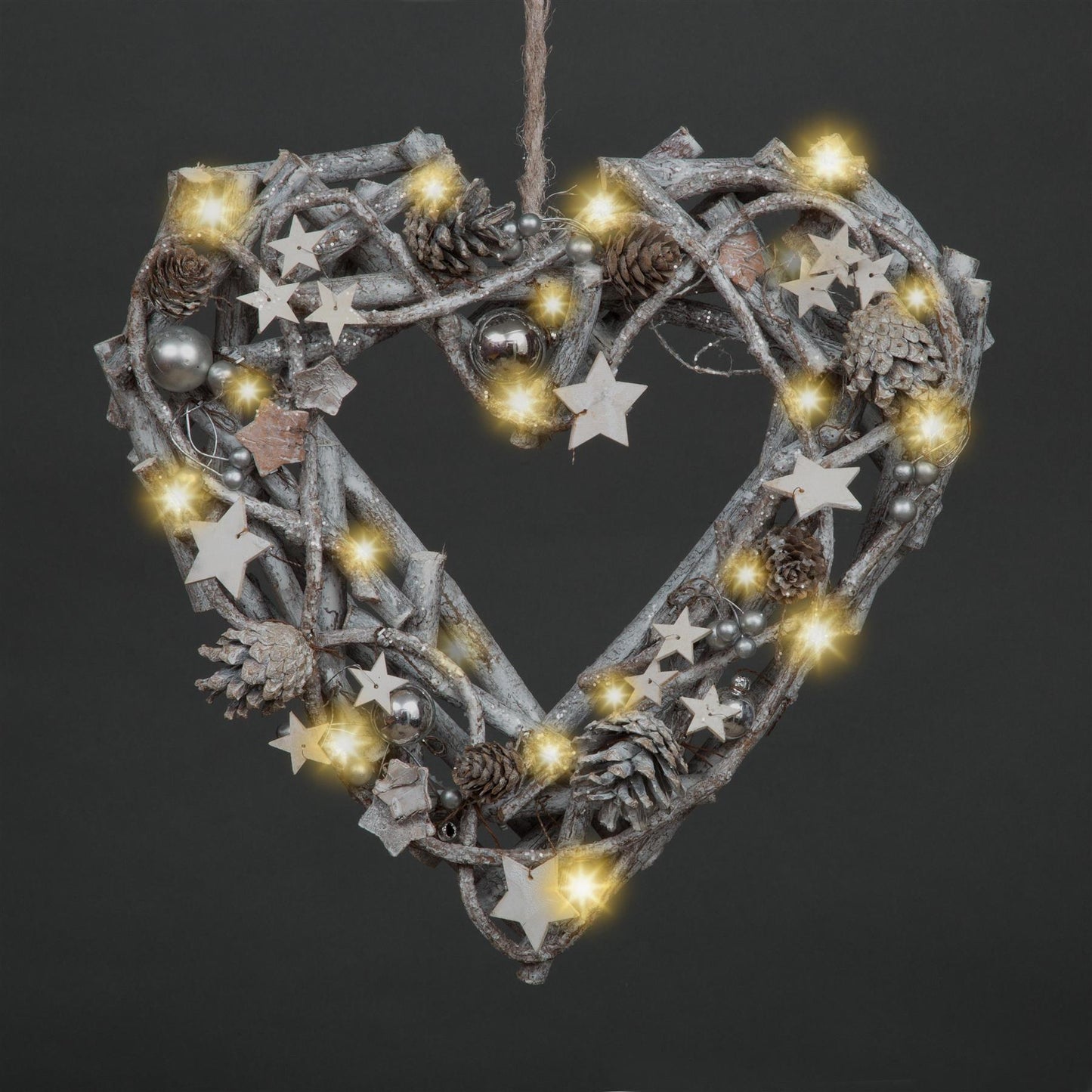 33x7cm Wooden Twig Heart with 20 LEDs