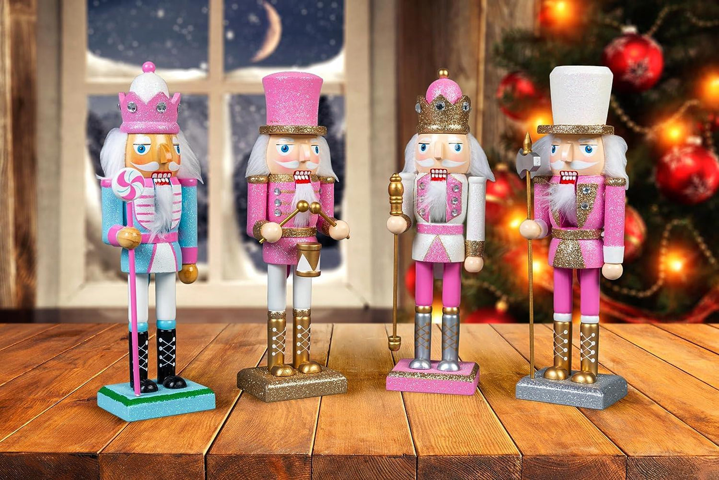 25cm Pink Wooden Nutcrackers, 4pcs Set