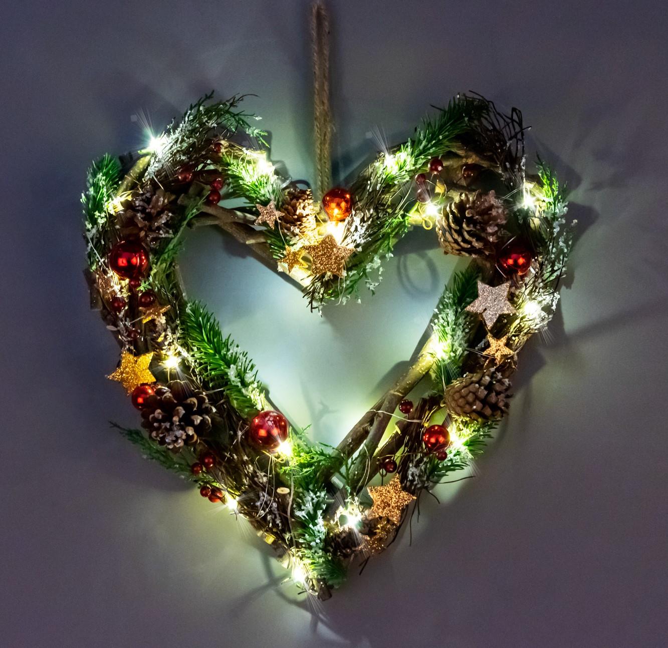 35cm LED Twig Hanging Heart, Red/Brown