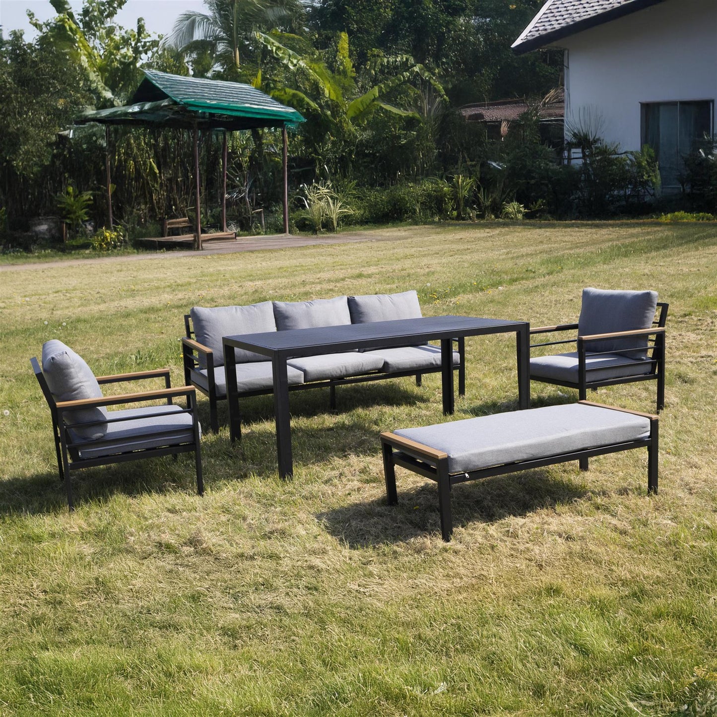 6 Seater Outdoor Garden Sofa Set - Aluminium 5Pcs Garden Furniture Set - Black