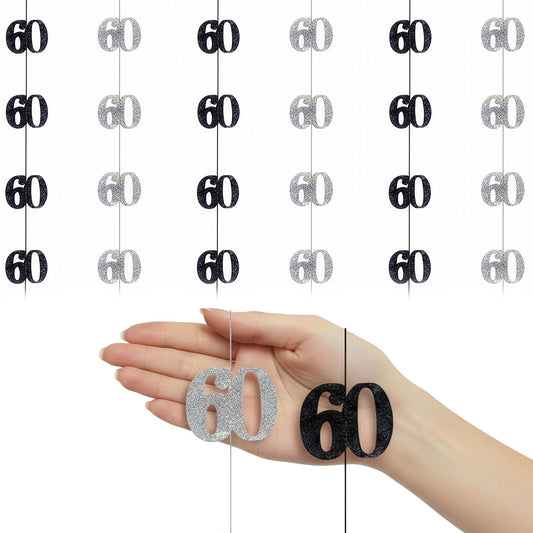 Shatchi 60th Glitz Black & Silver Hanging String Decorations Pack of 6
