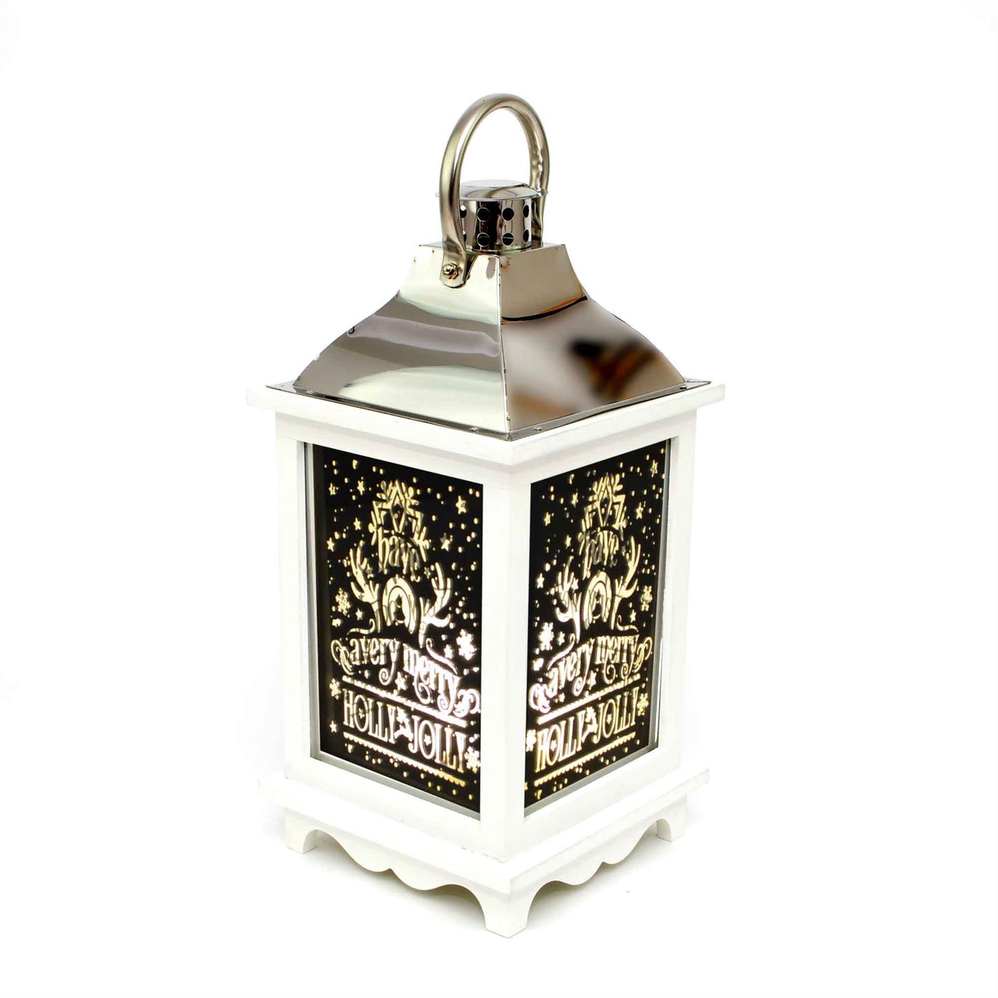 Christmas Lantern Wooden White Stainless Steel - Warm White LED