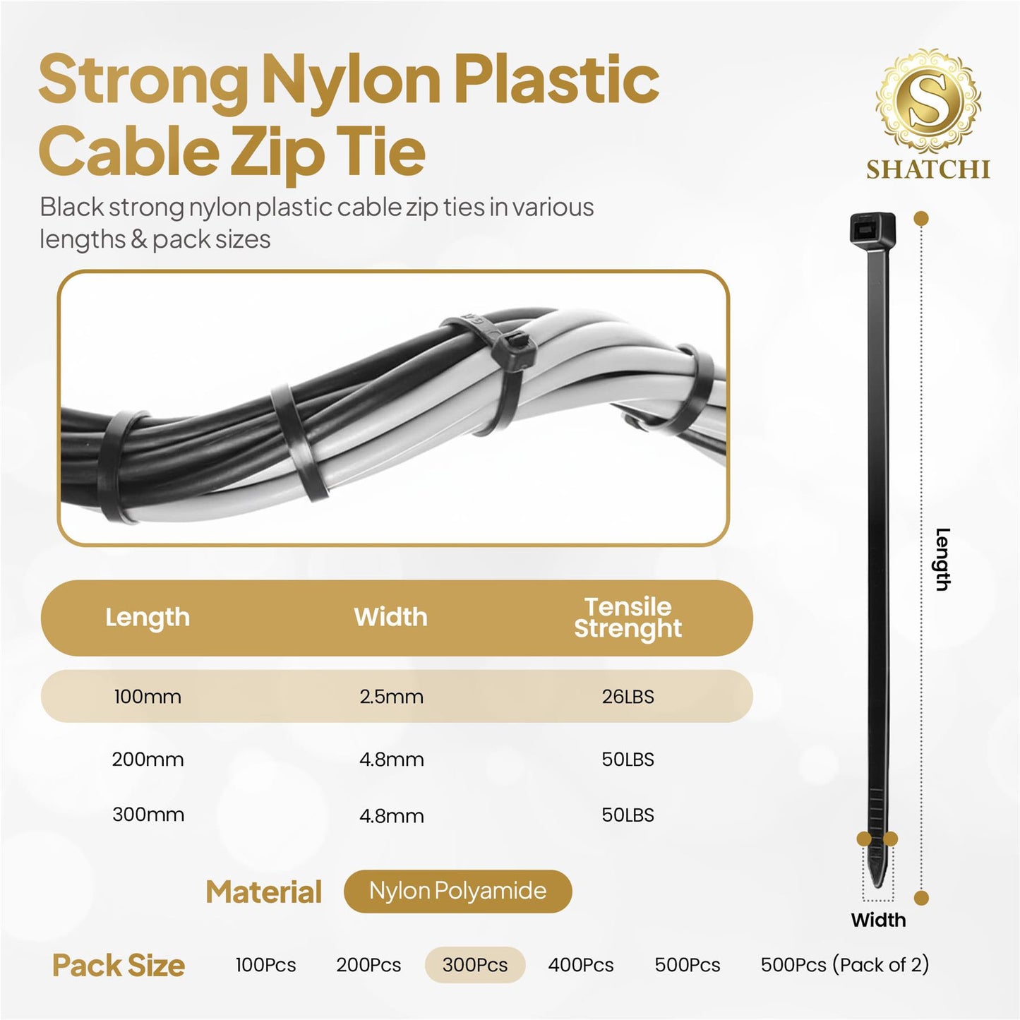 300 Black Nylon Cable Ties - 100mm x 2.5mm