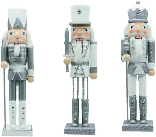 25cm Silver & White Glitter Nutcrackers - 3pcs Set