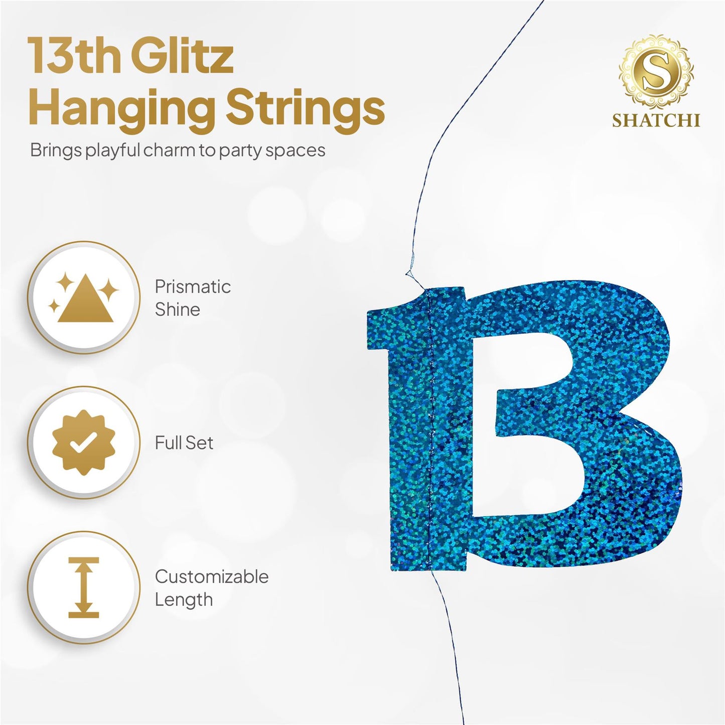 Shatchi 13th Glitz Blue Foil Hanging String Party Decorations Pack of 6