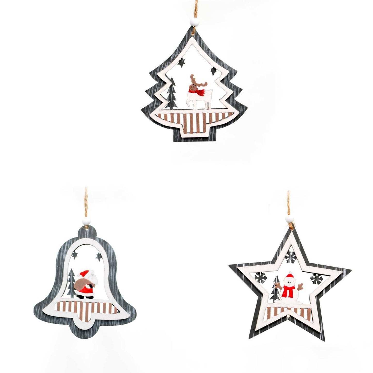 Christmas Wooden Grey Hanging Ornaments - Set of 3 pcs