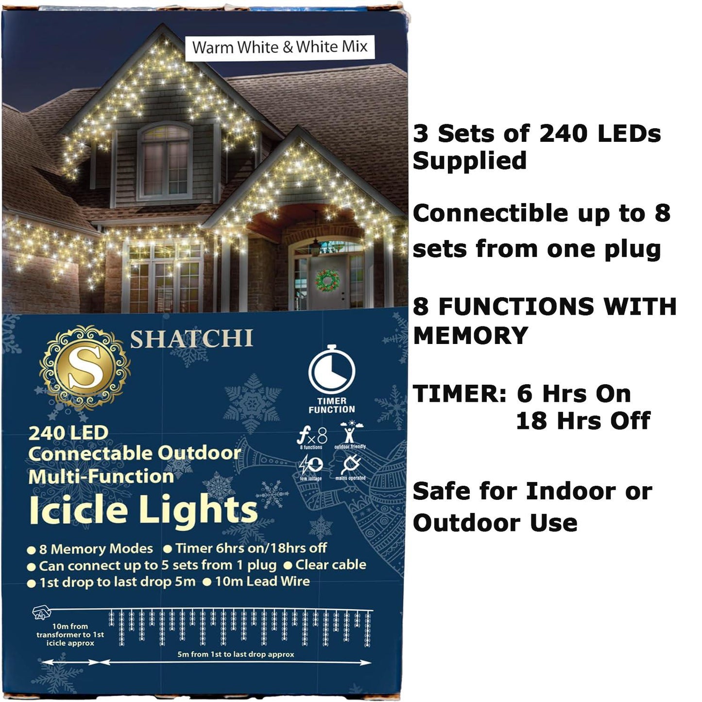 720 White & Warm White LED Connectable MF Icicle String Lights - 15m