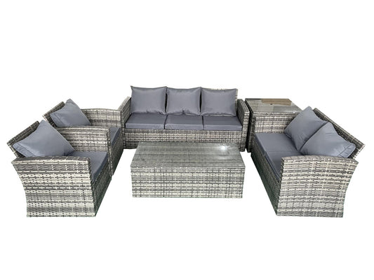 Grey Rattan Sofa Set (3 Seater, 2 Seater, 2 Chairs, 1 Storage Box, 1 Table)