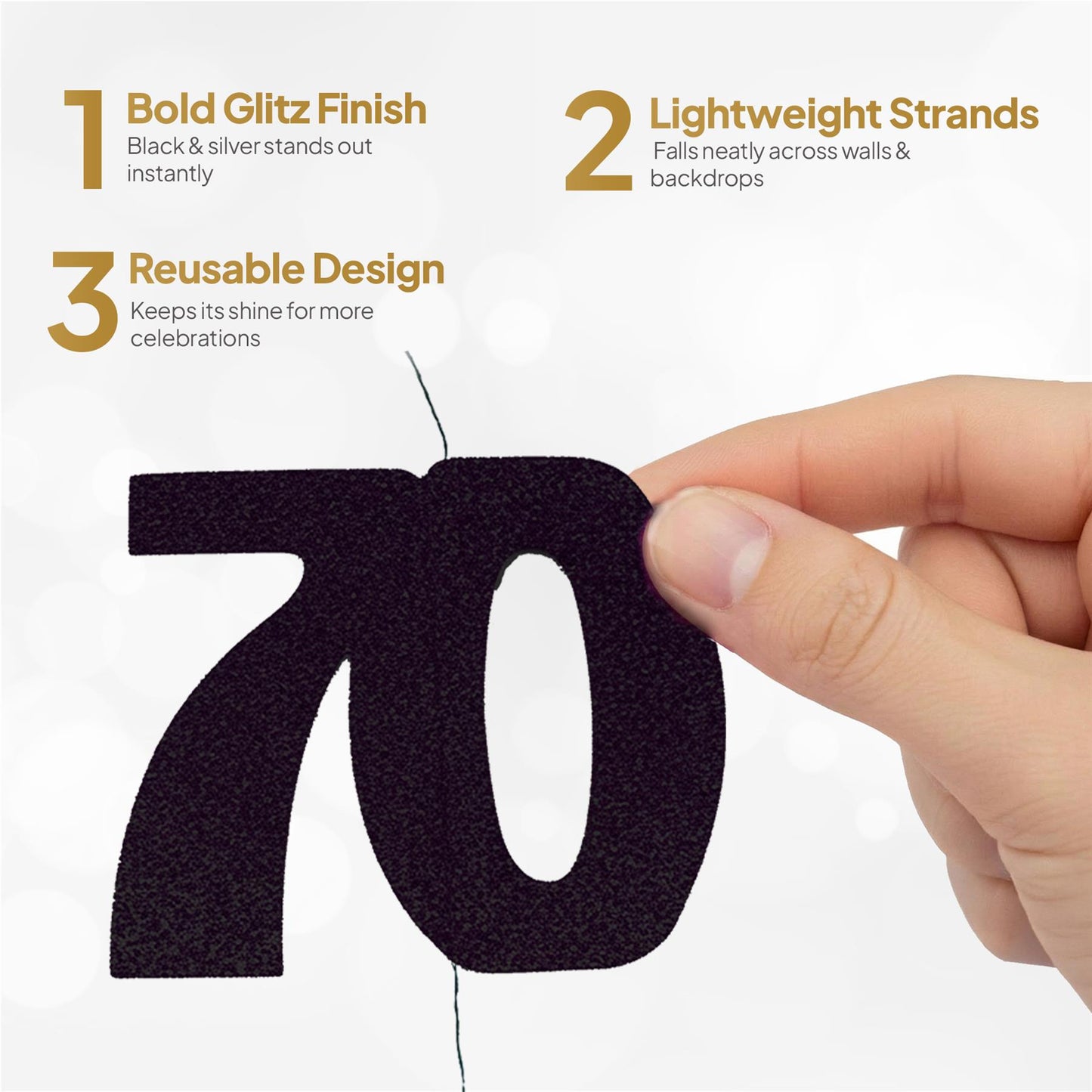 Shatchi 70th Glitz Black & Silver Hanging String Decorations Pack of 6
